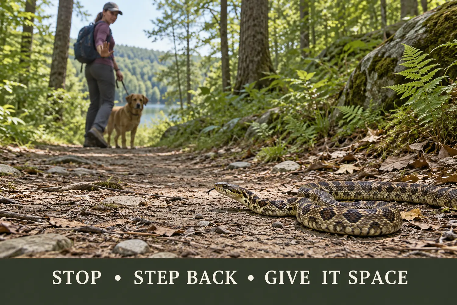 A hiker and leashed dog back away from an unknown snake on a woodland trail.