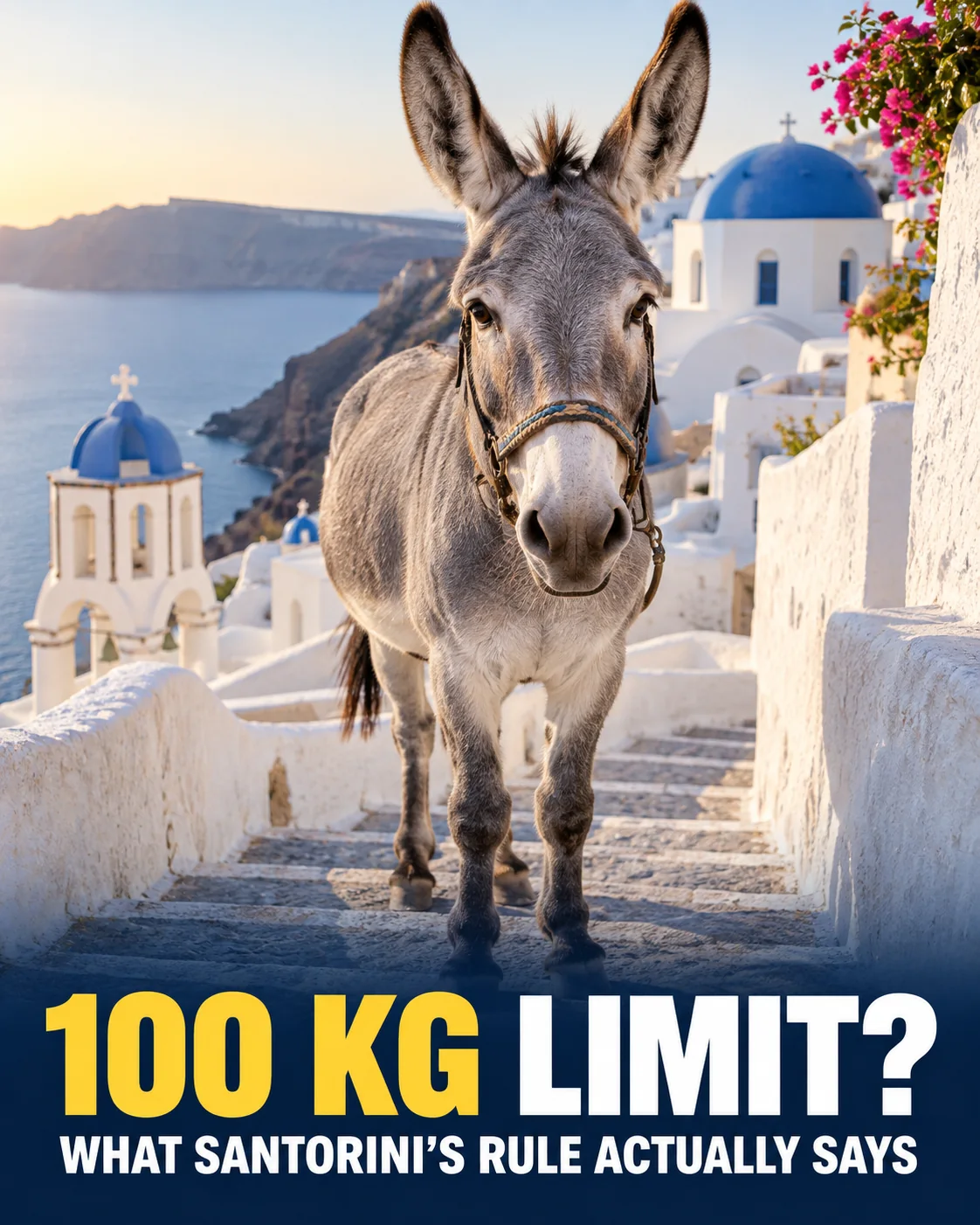 Gray donkey standing on a whitewashed Santorini stairway above the Aegean Sea