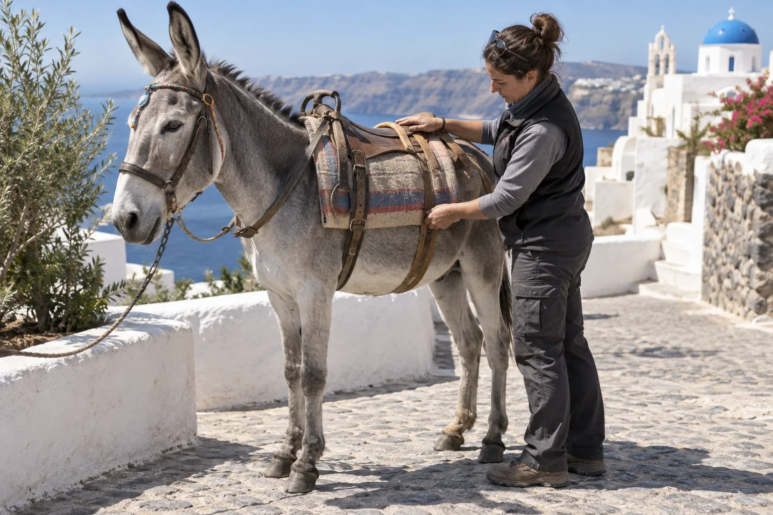 Equine welfare worker checking saddle fit on an unloaded gray donkey