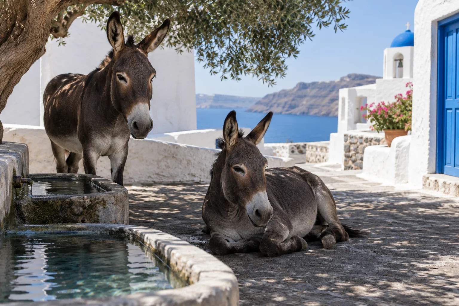 Two donkeys resting in shade beside clean water troughs on Santorini