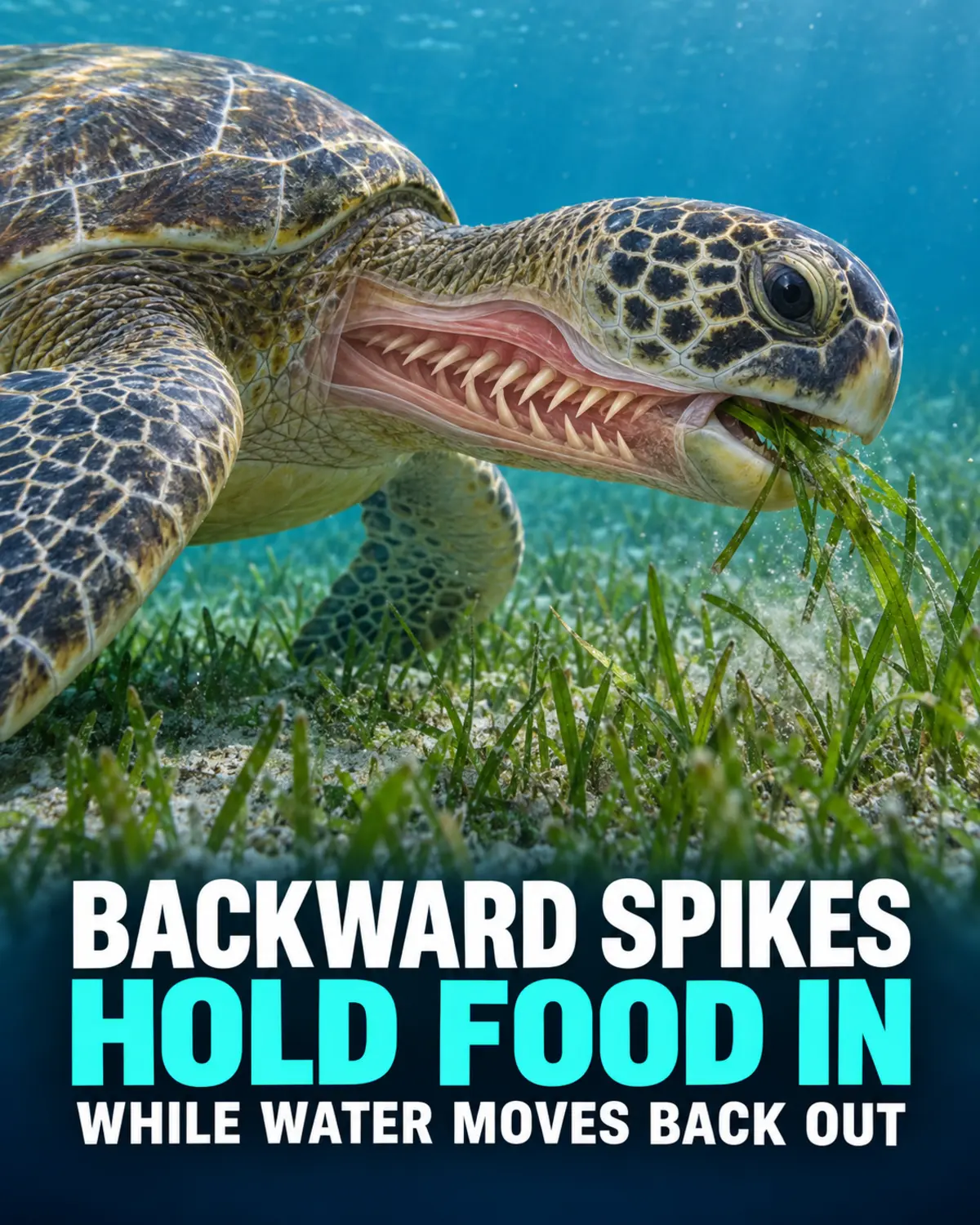 Green sea turtle feeding on seagrass with an educational cutaway showing backward-pointing throat papillae.