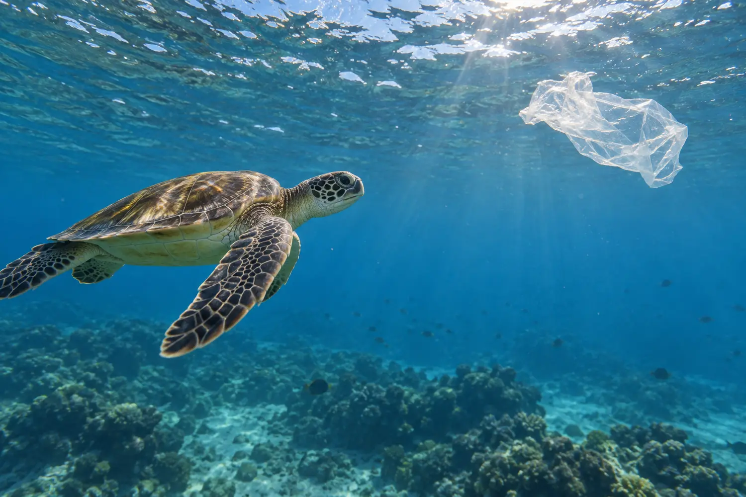 Juvenile green sea turtle swimming near a discarded translucent plastic bag at the ocean surface.