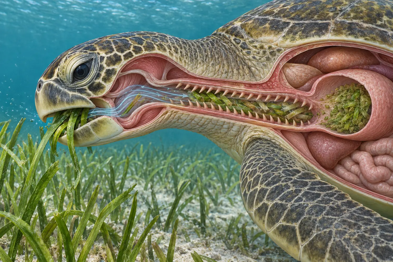 Cutaway illustration of a green sea turtle retaining seagrass as water moves outward through the mouth.