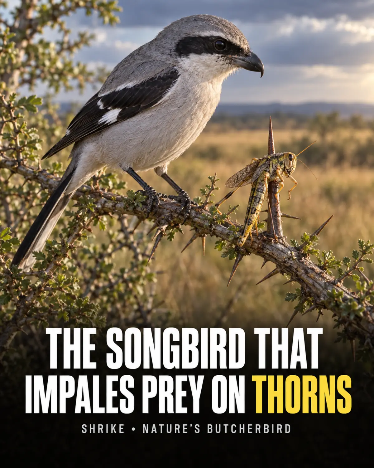 Loggerhead shrike beside a grasshopper secured on a thorn