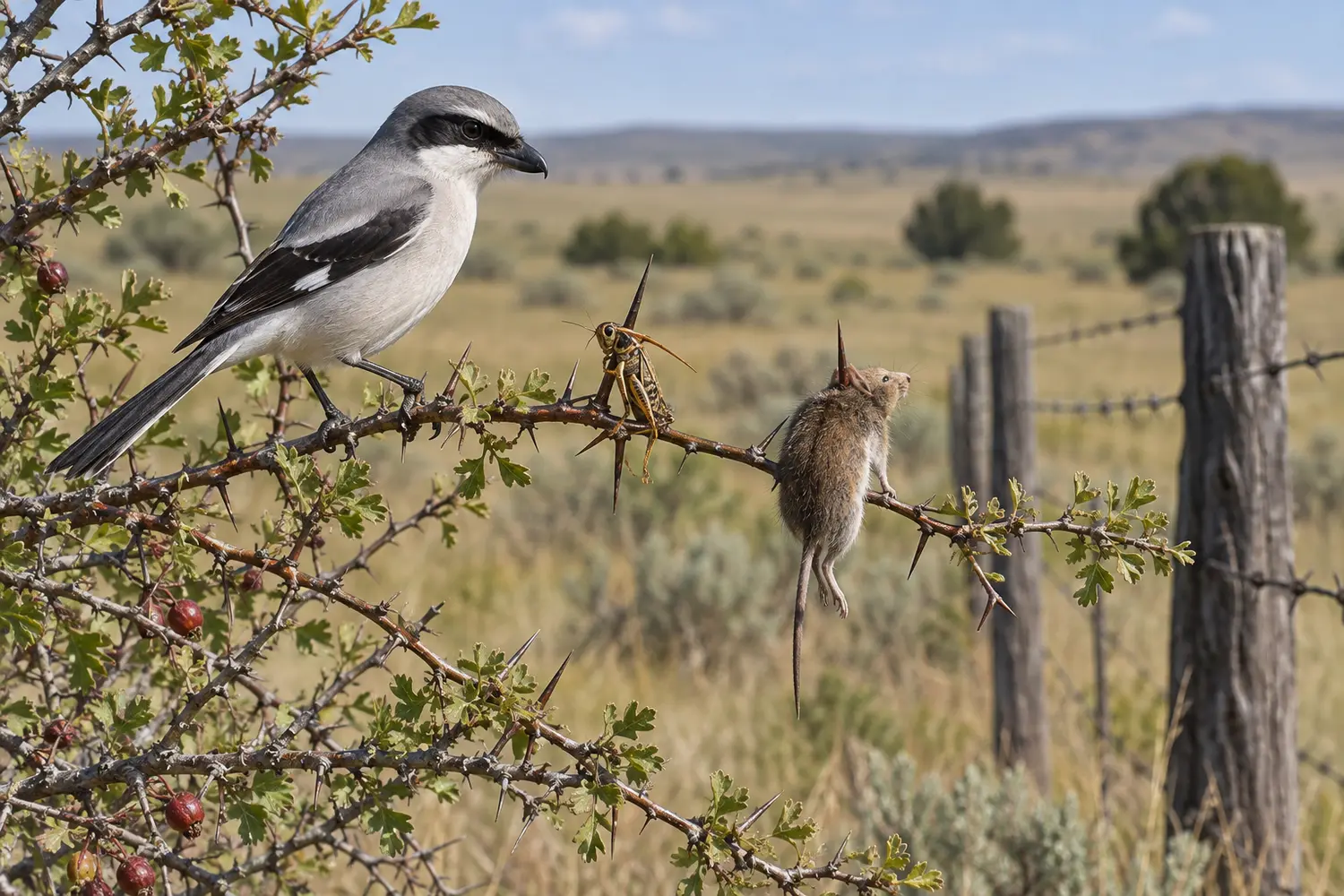 Loggerhead shrike near insect and rodent prey cached on separate thorns
