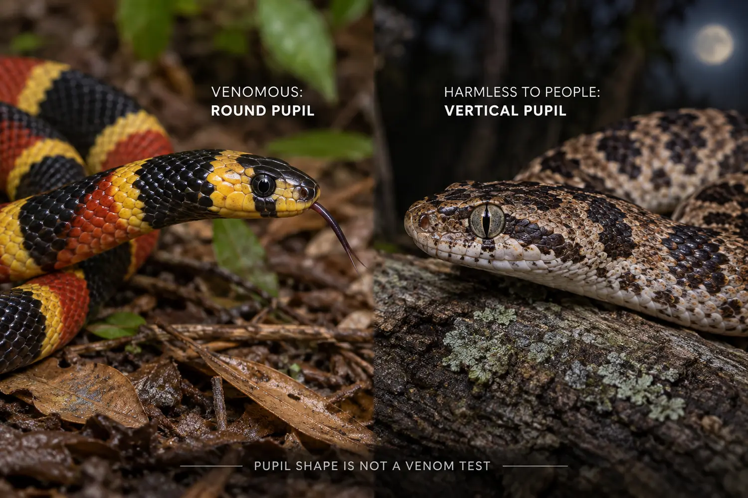 A venomous coral snake with a round pupil beside a harmless-to-people night snake with a vertical pupil.