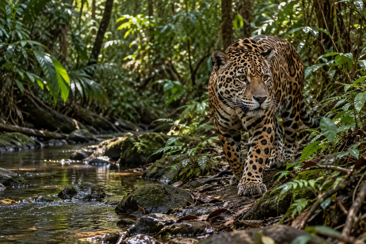 Solitary jaguar walking beside a rainforest stream