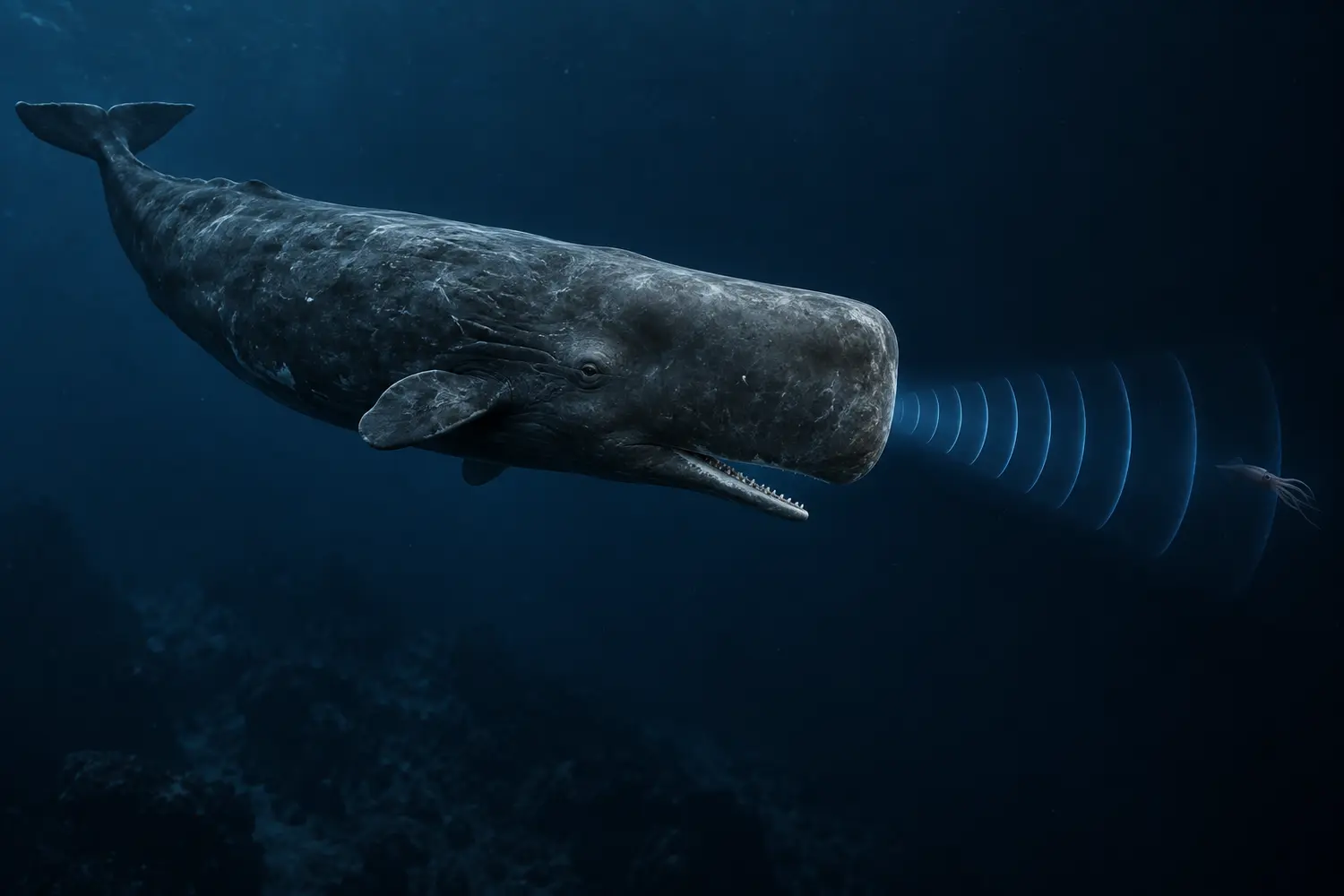 Sperm whale directing an illustrated echolocation beam toward a squid in deep water.