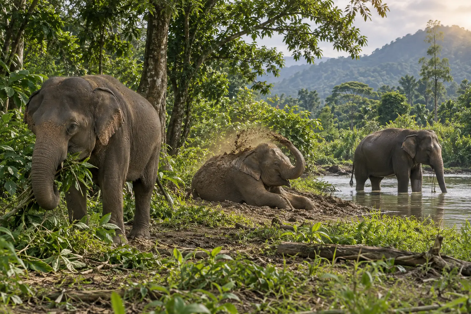 Three Sumatran elephants forage, dust-bathe and stand in water in a forest-edge habitat.