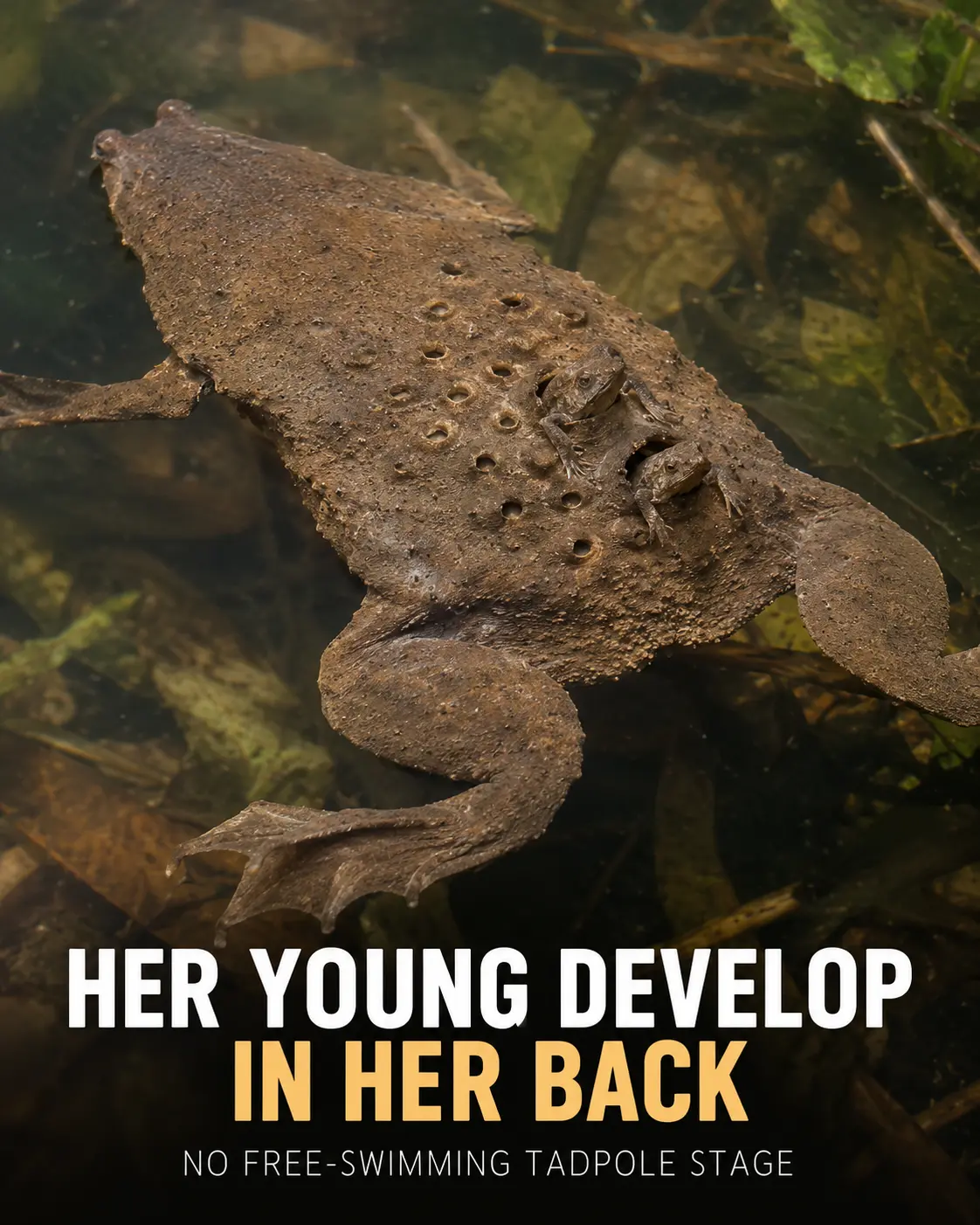 Female Surinam toad with two toadlets emerging from dorsal brood chambers