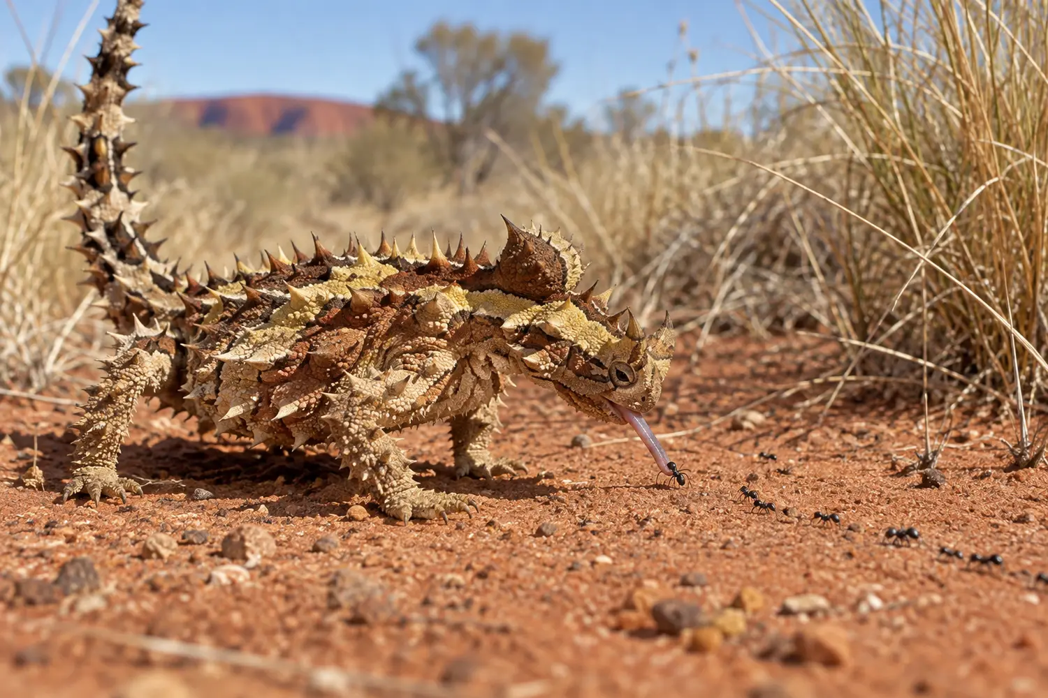 A thorny devil using its tongue to catch a small ant beside an ant trail.