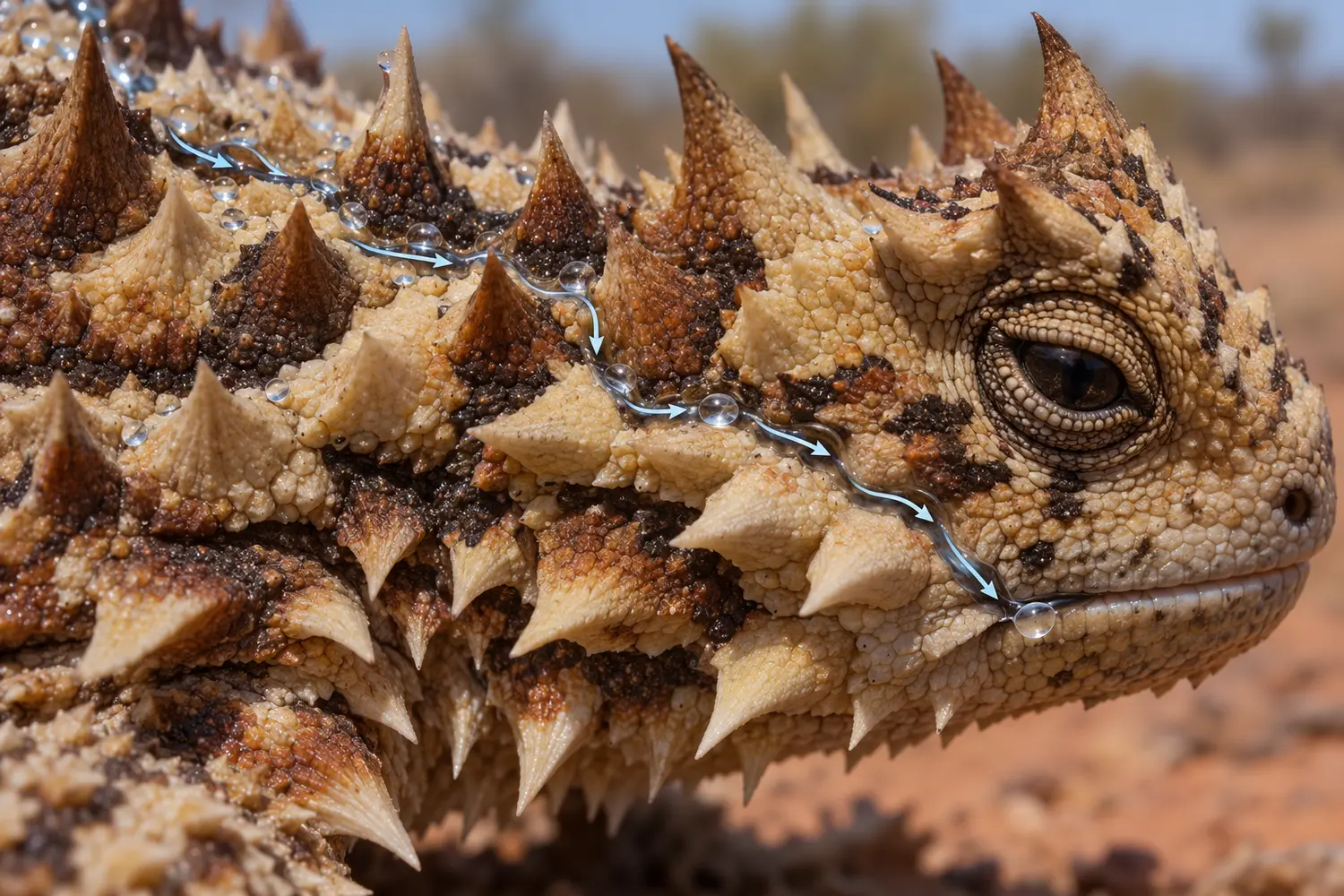 Water droplets following narrow channels between the spiny scales of a thorny devil.