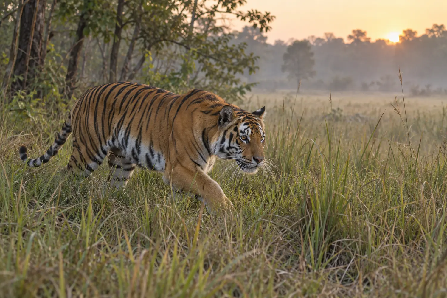 Adult tiger stalking through tall grass at a forest edge