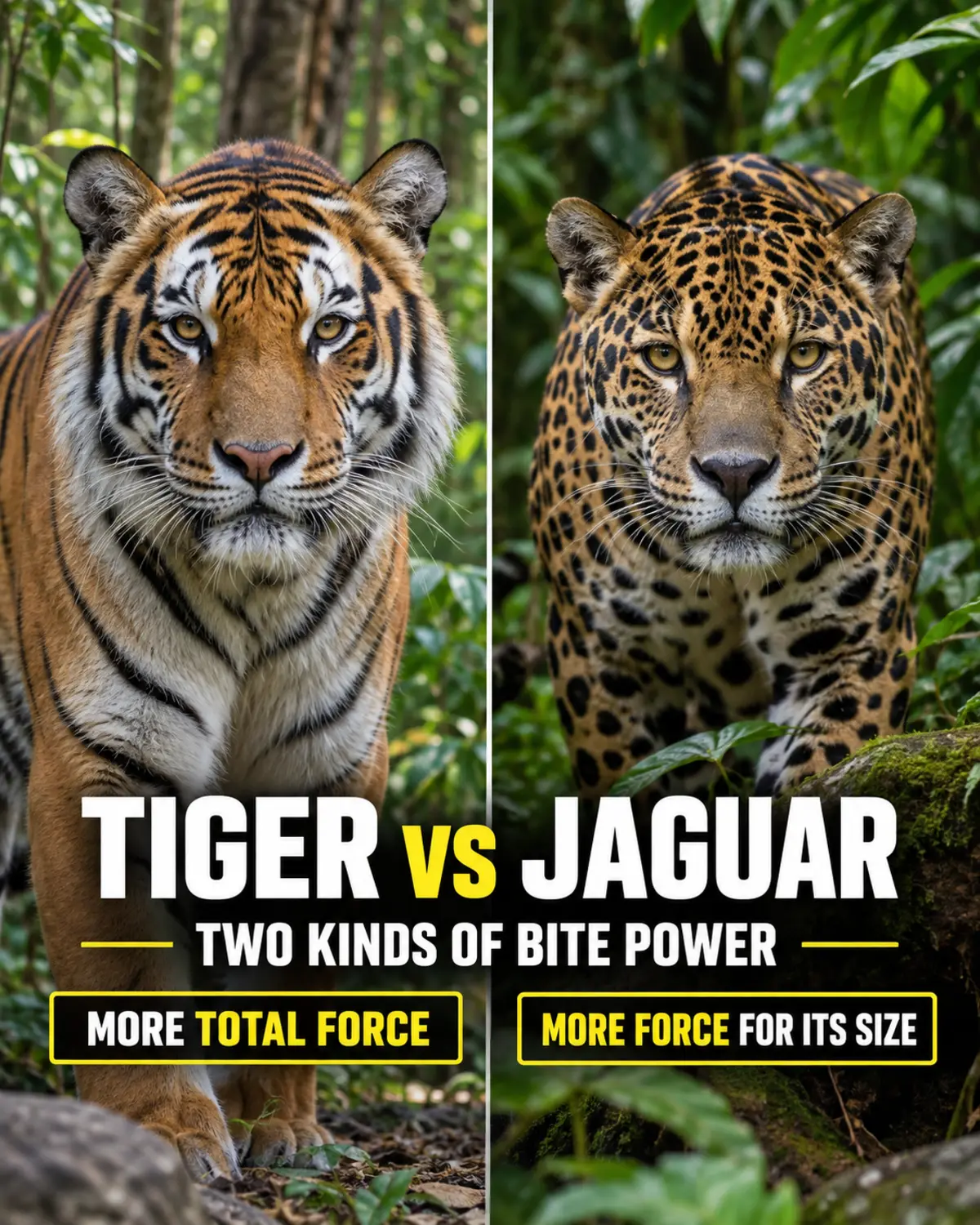 Tiger and jaguar shown side by side with different bite-power labels