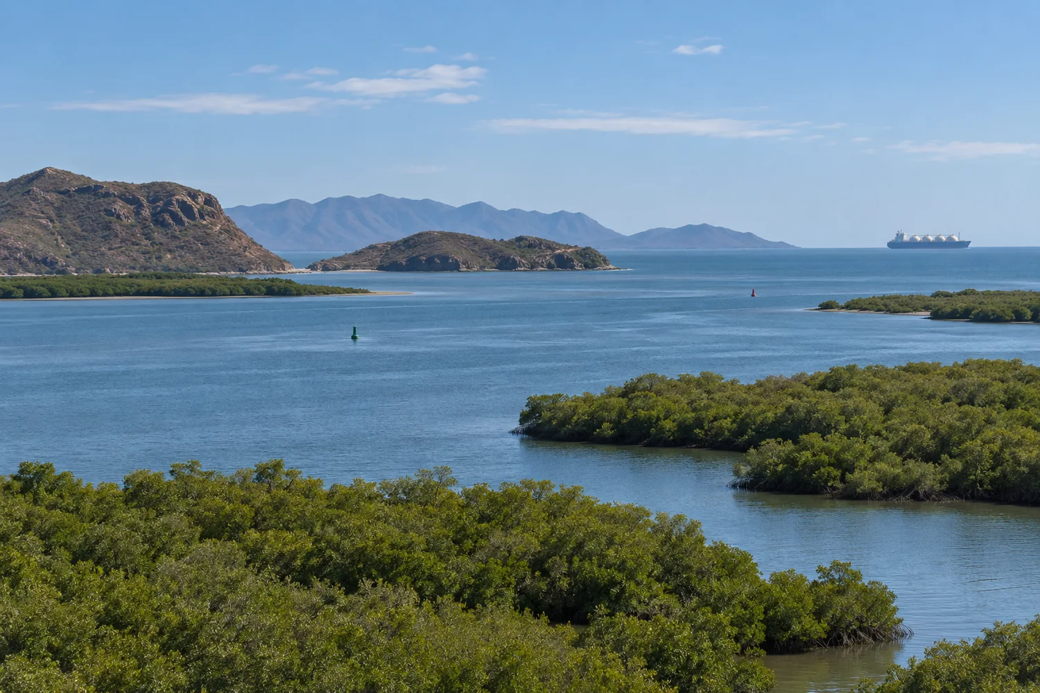 Mangrove-fringed Gulf of California coast with a distant conceptual LNG carrier offshore.