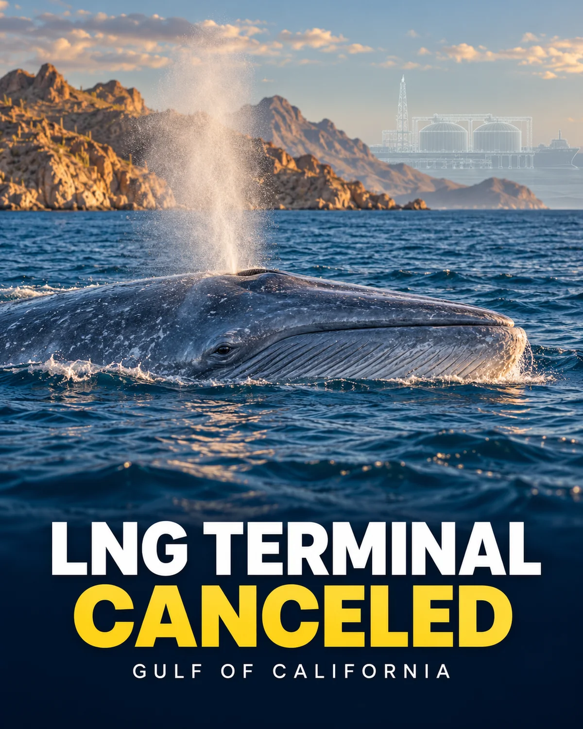 Blue whale surfacing in the Gulf of California with a faded conceptual LNG terminal and cancellation headline.