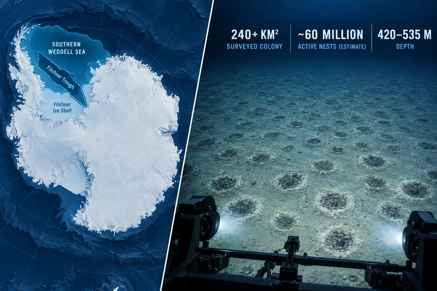 Antarctica map and research-camera view showing the scale of the icefish nest field