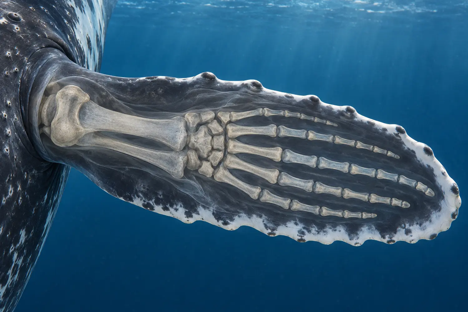 AI-generated schematic showing the humerus, radius, ulna, wrist and digit bones within a whale flipper.