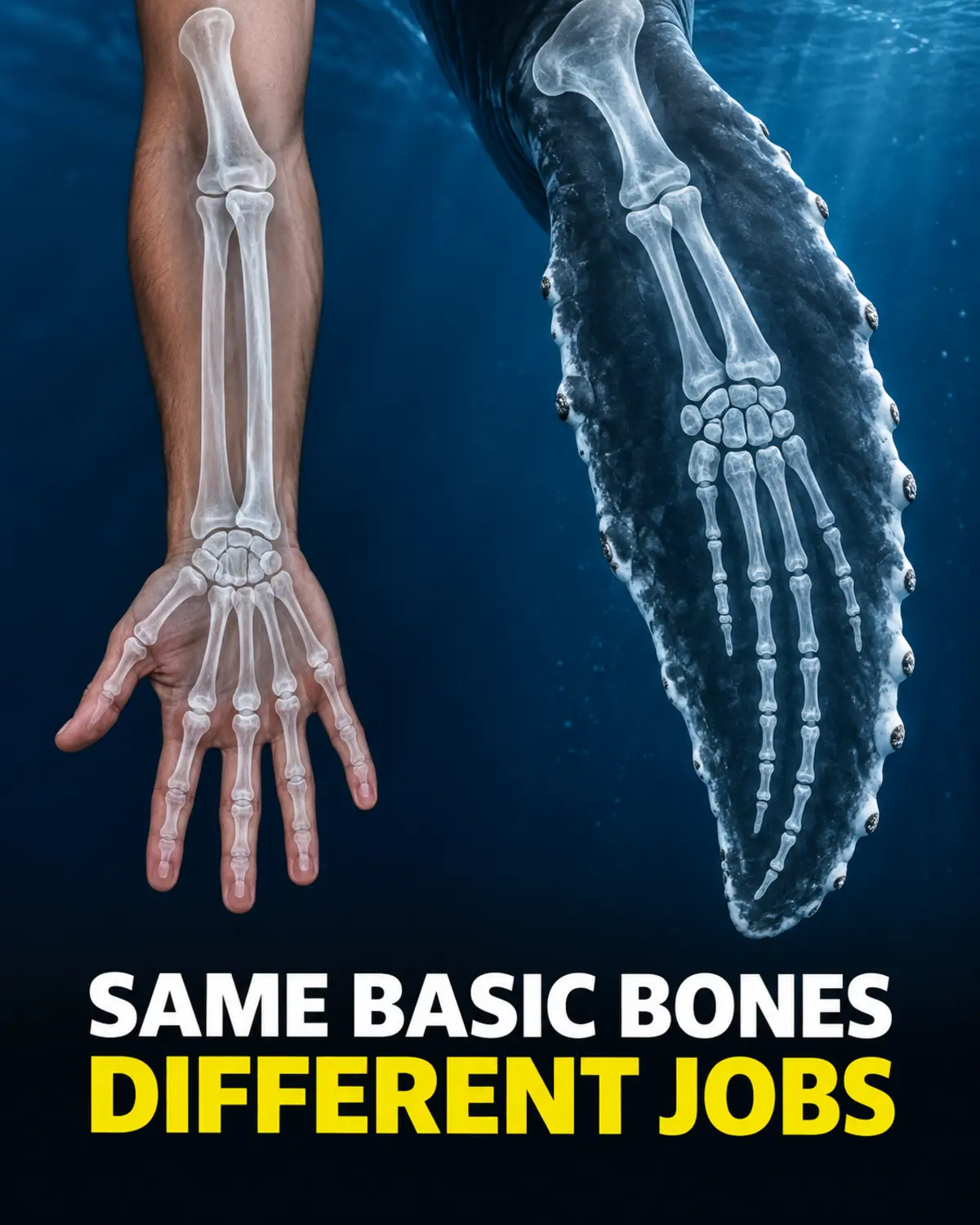 AI-generated educational comparison of the homologous forelimb bone plan in a humpback whale flipper and a human hand.