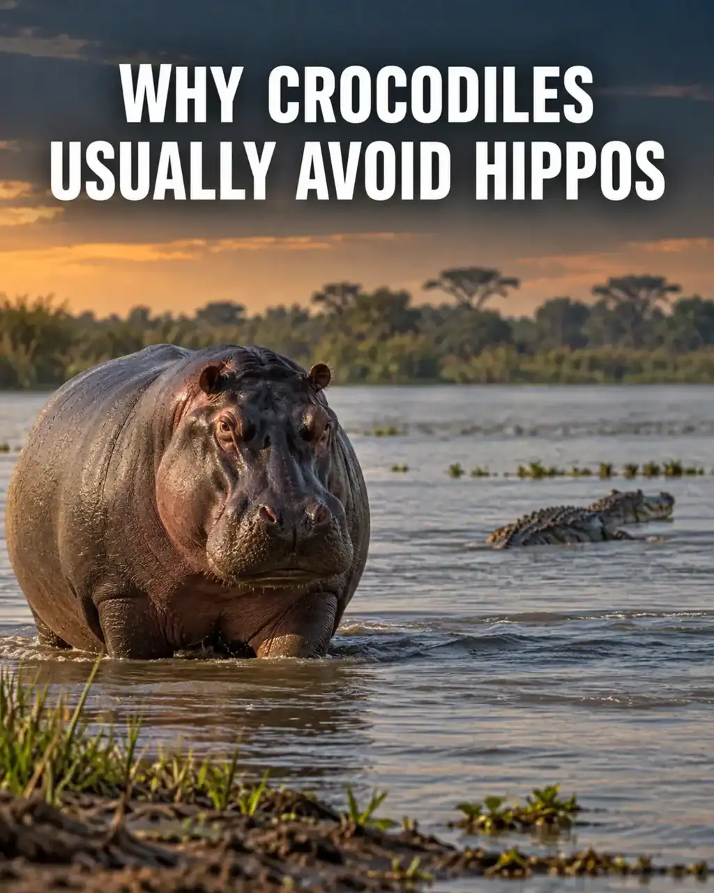 Adult hippo in an African river while a Nile crocodile keeps its distance
