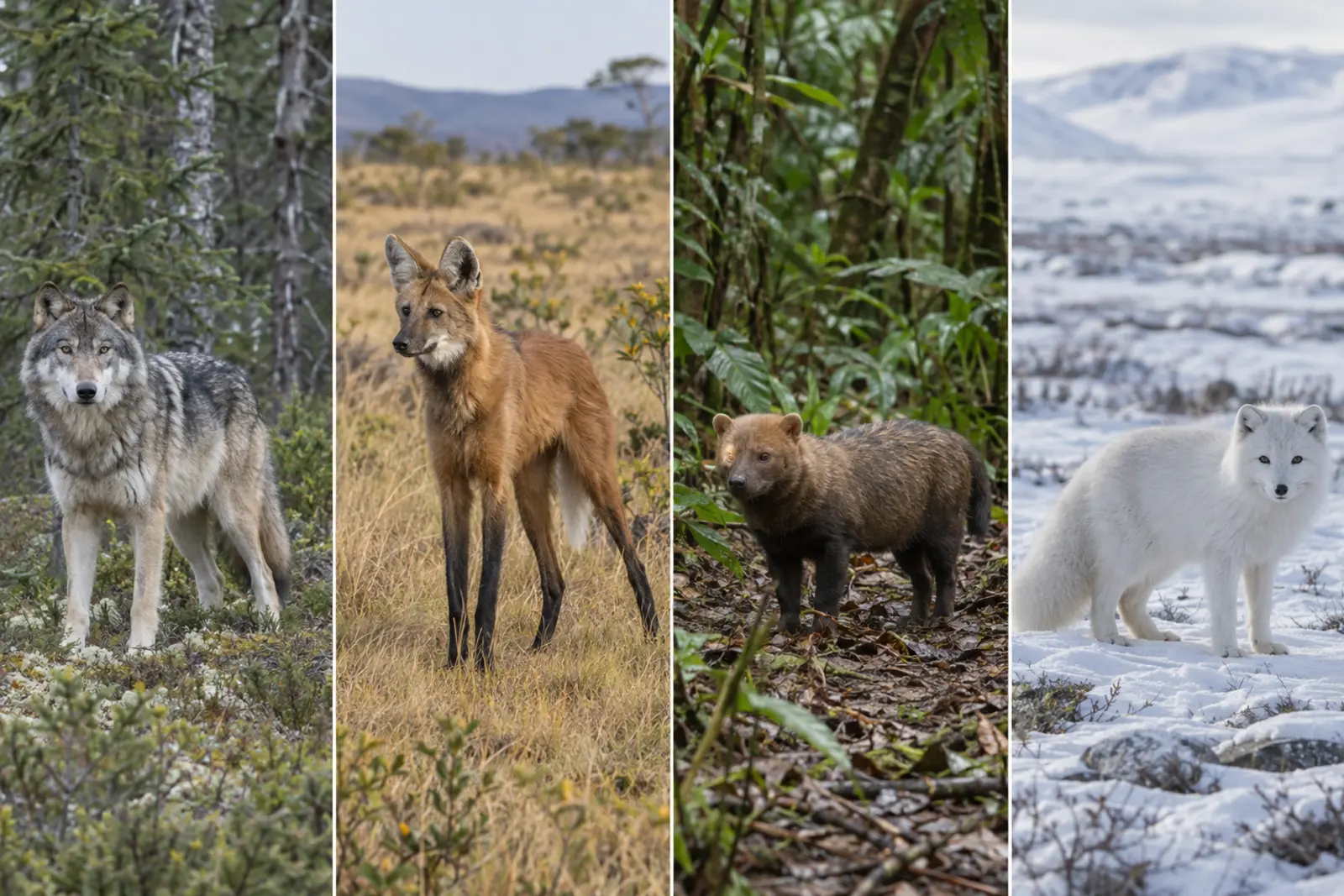 Gray wolf, maned wolf, bush dog and Arctic fox in four habitat panels