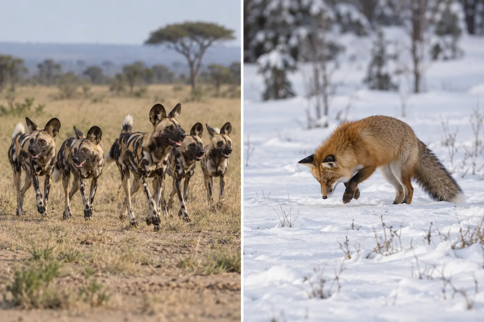 African wild dog pack beside a red fox hunting alone in snow
