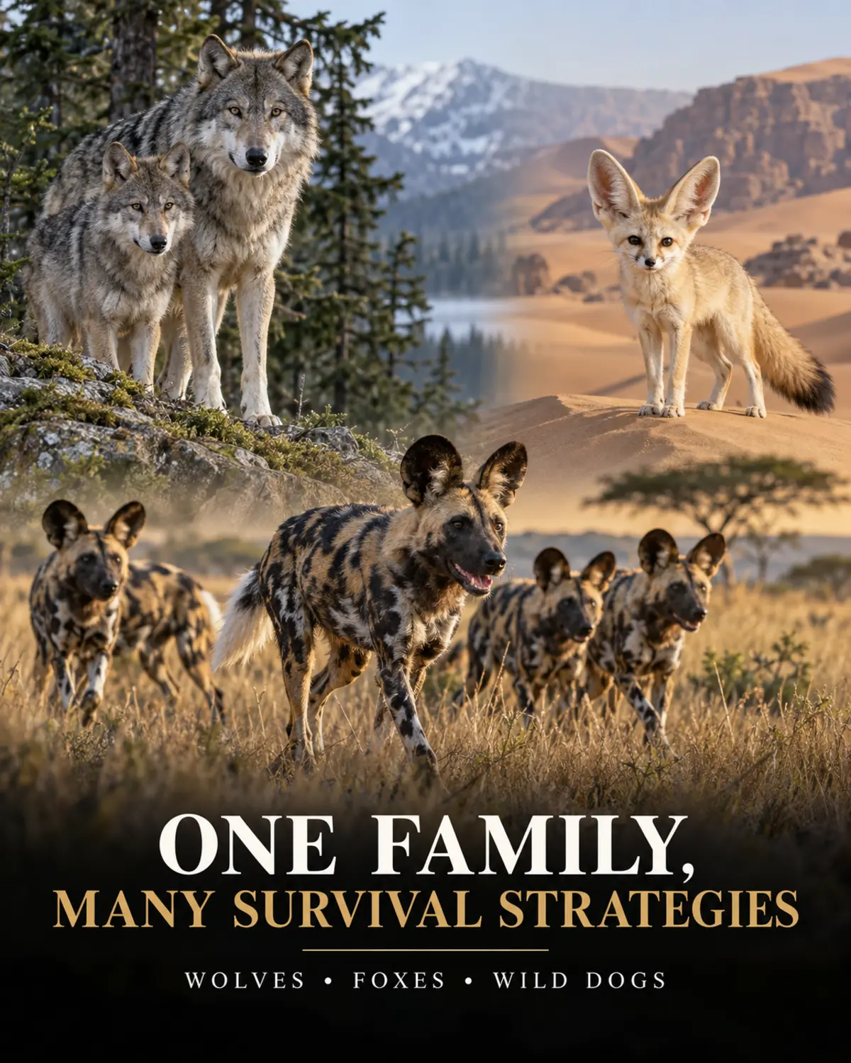 Gray wolves, a fennec fox and African wild dogs in their natural habitats