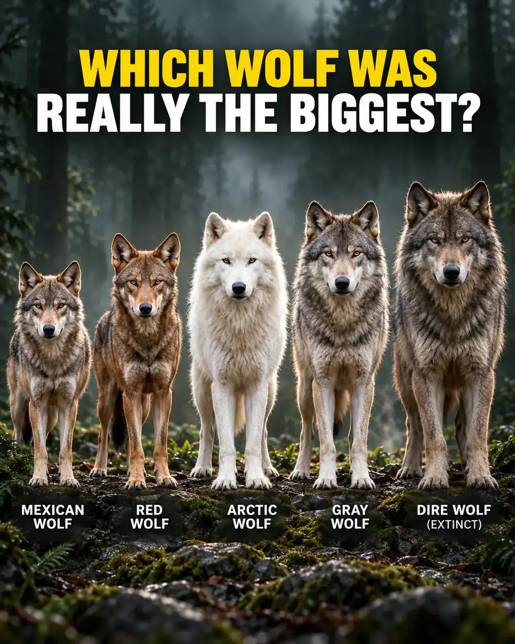 Mexican, red, Arctic, gray and extinct dire wolves shown in an editorial comparison lineup