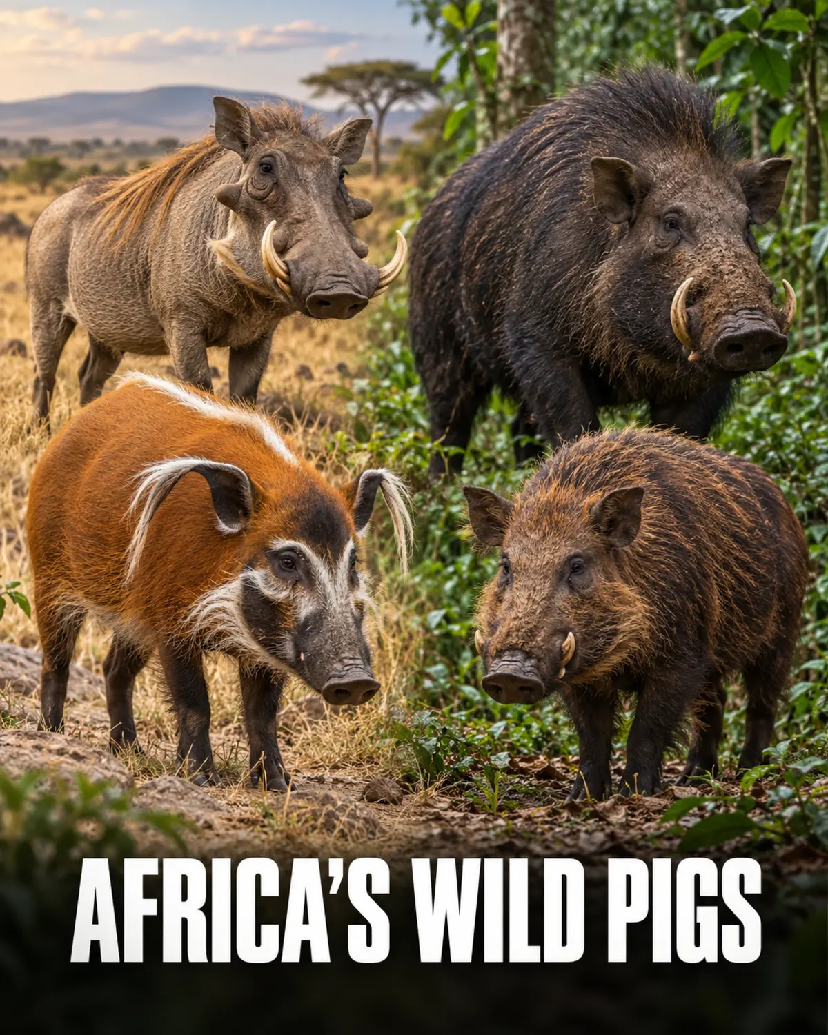 Four African wild pig species in savanna and forest habitats