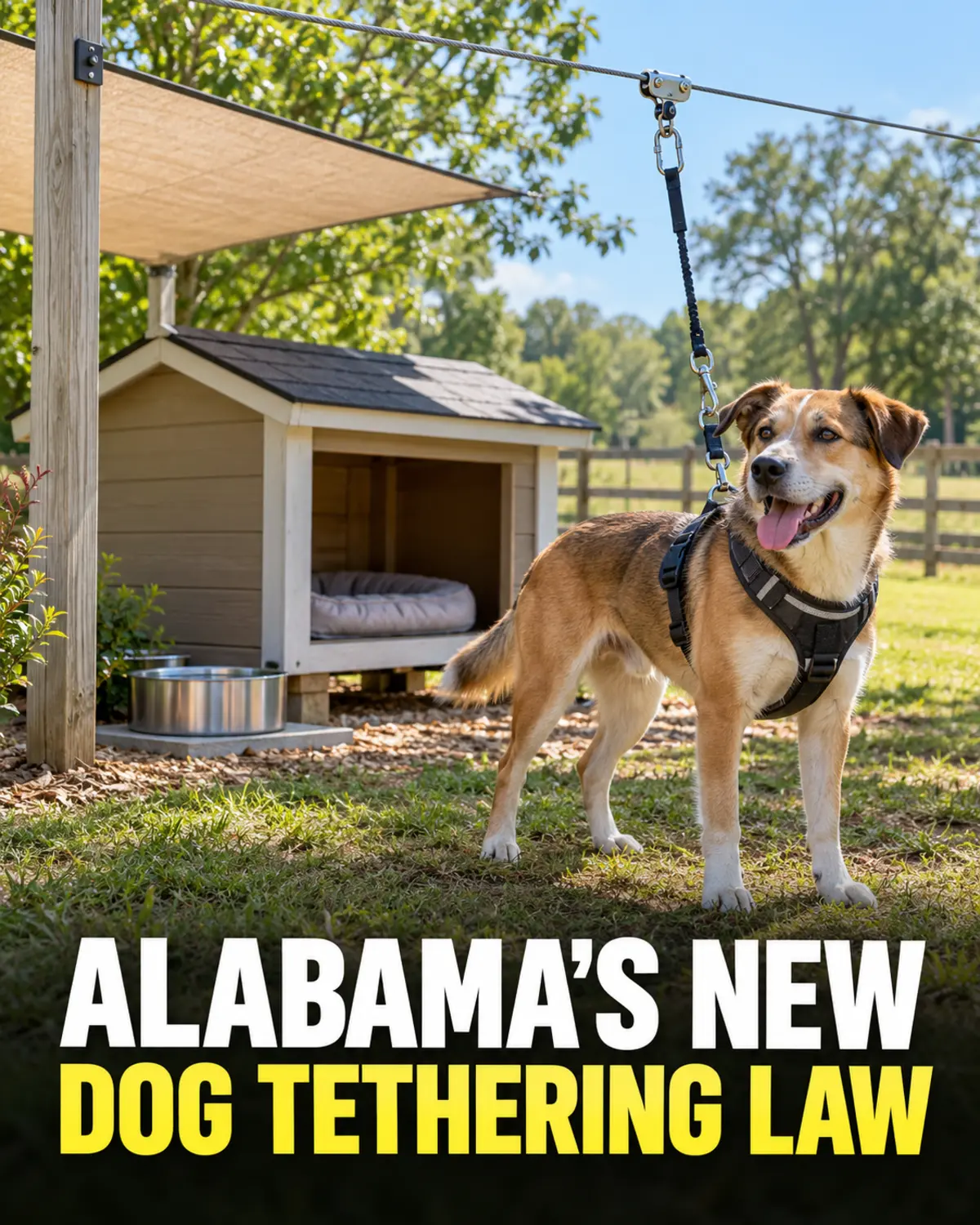 Dog using a safe overhead trolley tether beside shelter and water in an Alabama yard