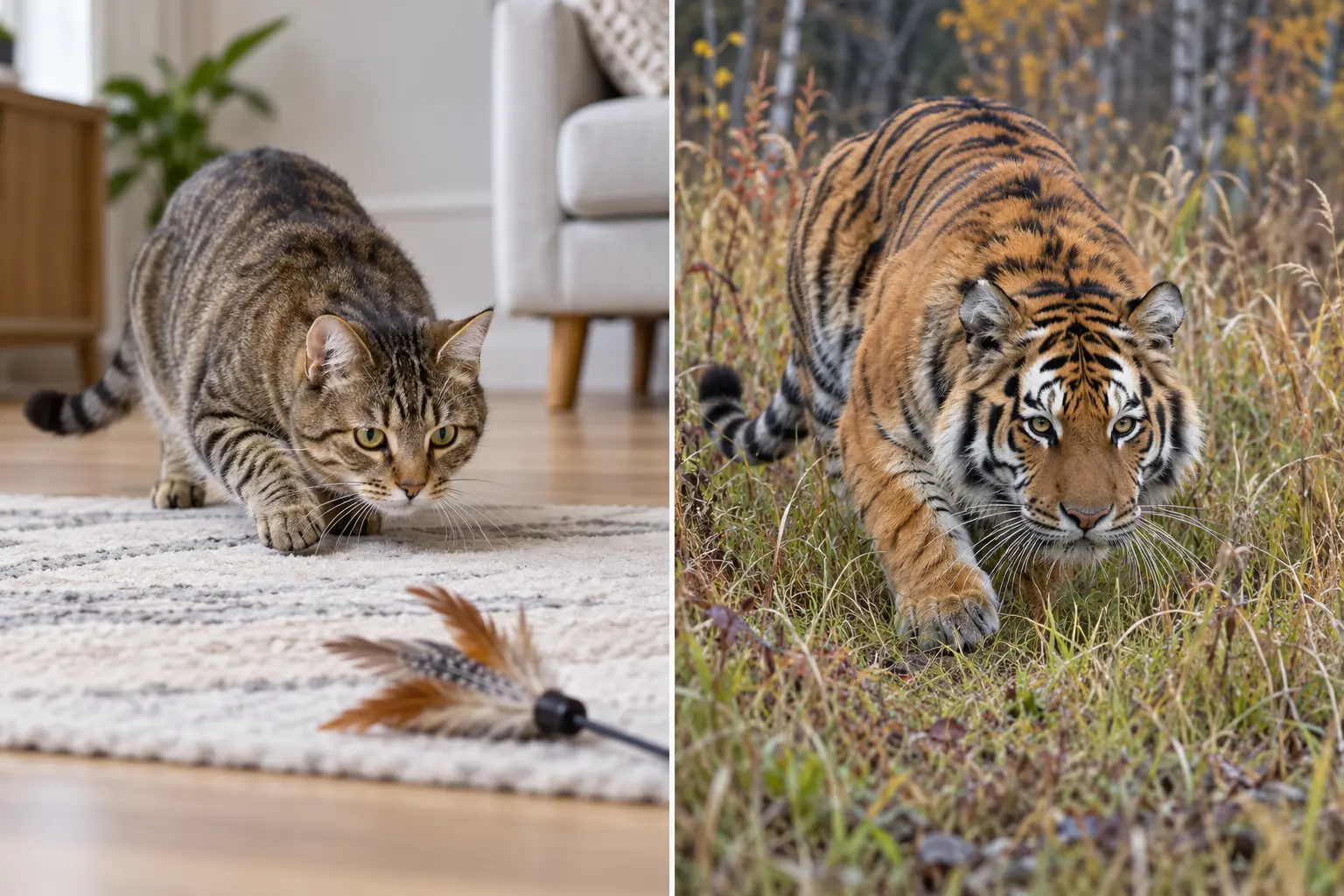 Domestic tabby cat stalking a toy beside an Amur tiger stalking through grass