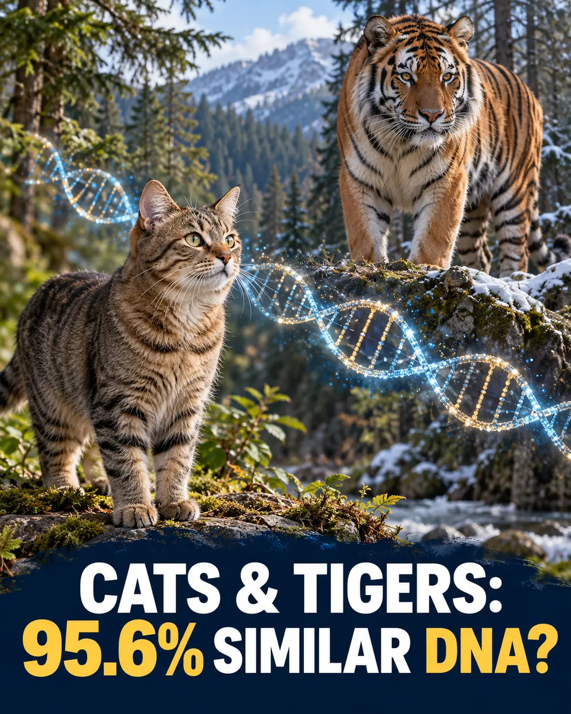 Domestic tabby cat and Amur tiger beside a DNA helix with a 95.6 percent similarity question