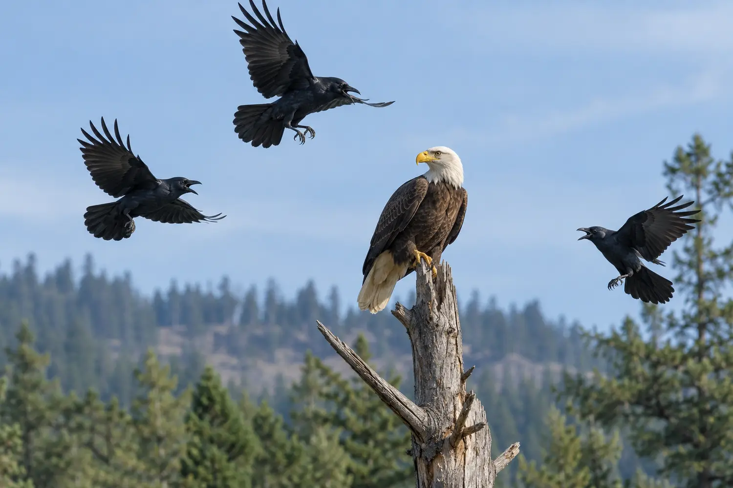 Three American crows calling around a bald eagle perched on a tree snag