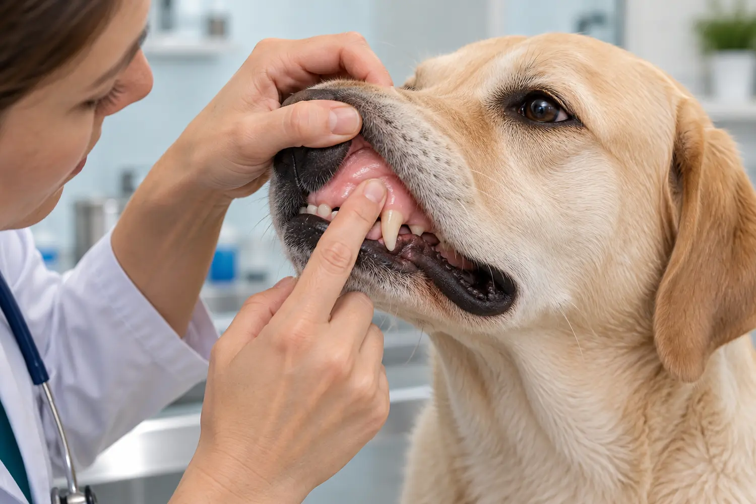 Veterinarian demonstrating a capillary refill check on a Labrador's healthy pink gums