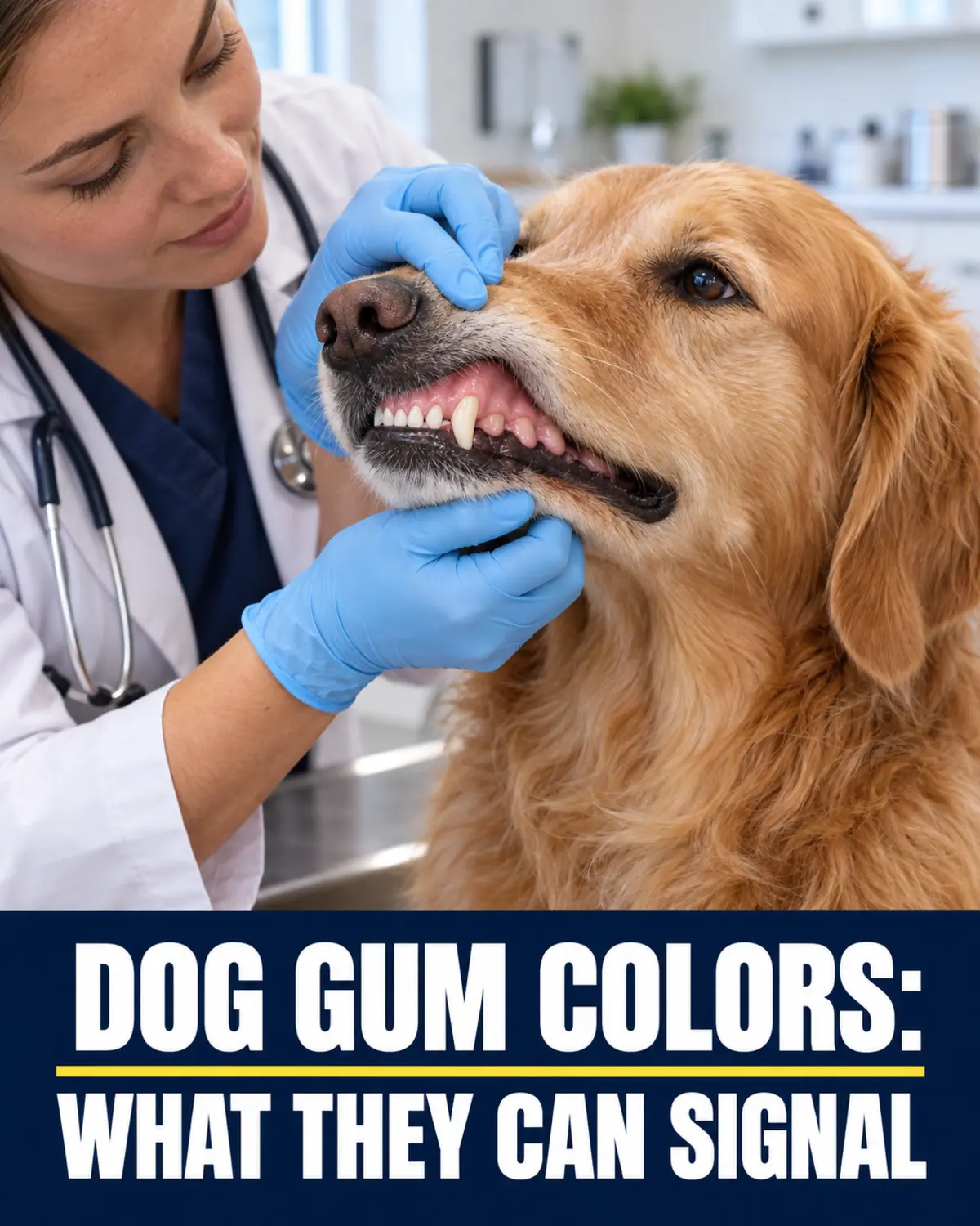 Veterinarian checking the healthy pink gums of a Golden Retriever