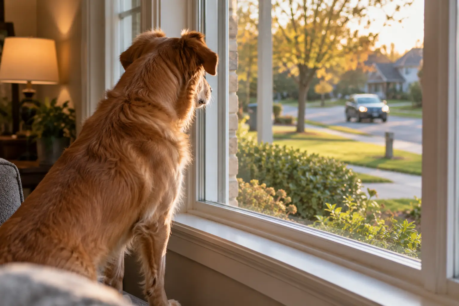 Dog looking through a window toward a familiar car arriving home