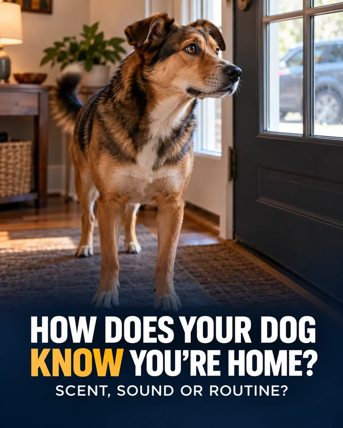 Dog waiting at a front door with the question how dogs know their owner is home