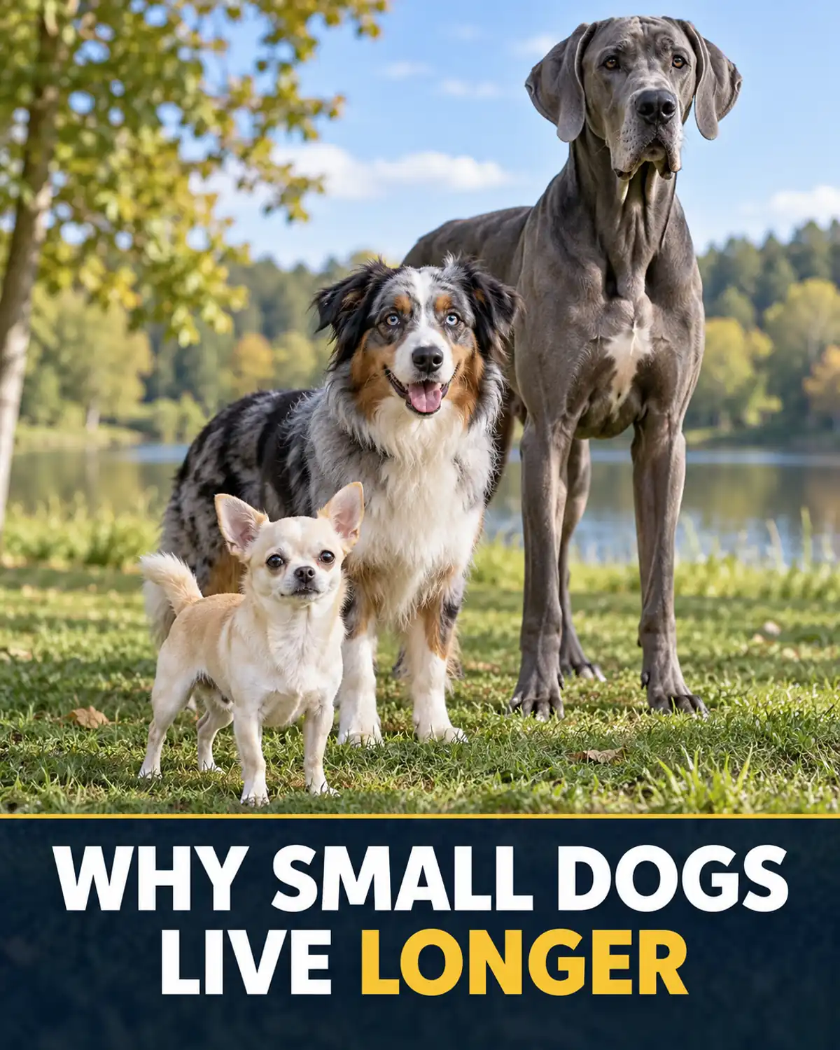 Chihuahua, Australian Shepherd and Great Dane illustrating dog lifespan differences by size