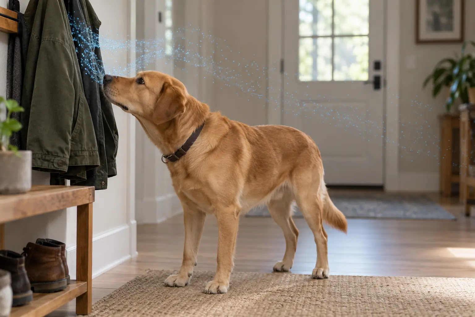 Dog sniffing an owner's jacket as an educational visualization of scent cues