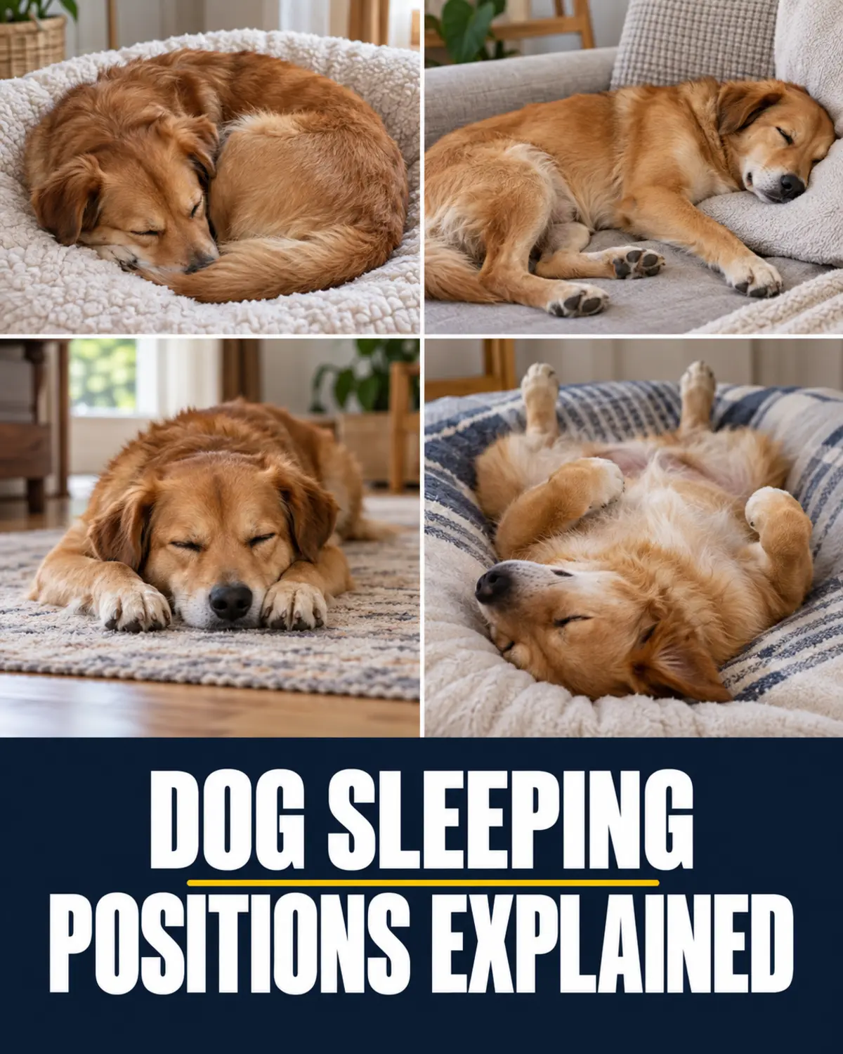 A dog shown sleeping curled, on its side, belly-down and on its back