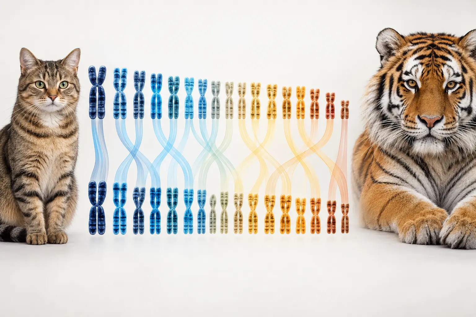 Domestic cat and tiger beside parallel chromosome forms connected by matching color bands