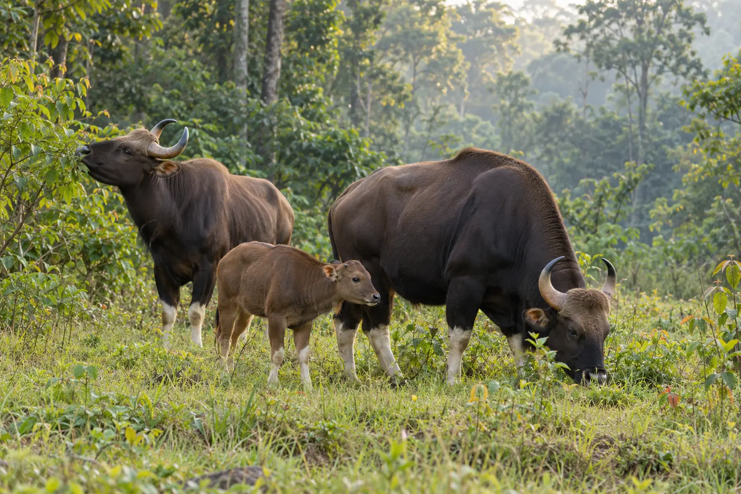 Two adult gaur and a calf feeding at the edge of an Asian forest