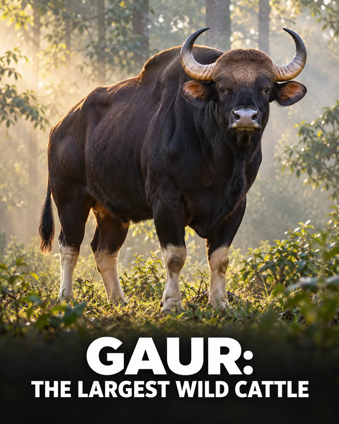 Adult male gaur standing in a sunlit forest clearing