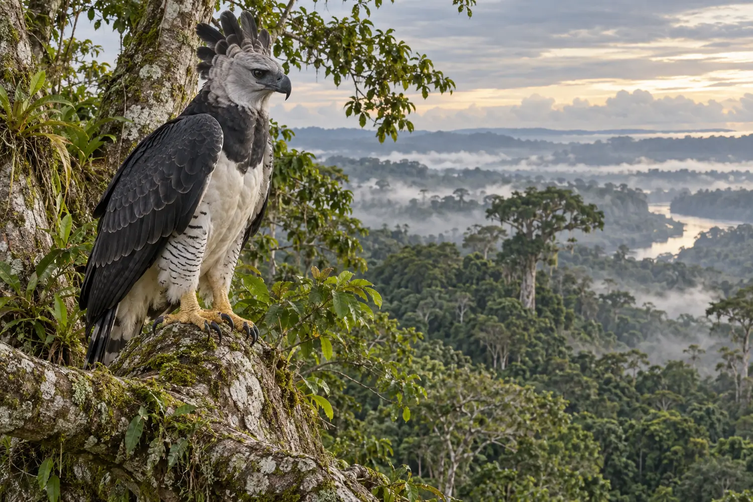 Harpy eagle perched above a vast mature Neotropical rainforest