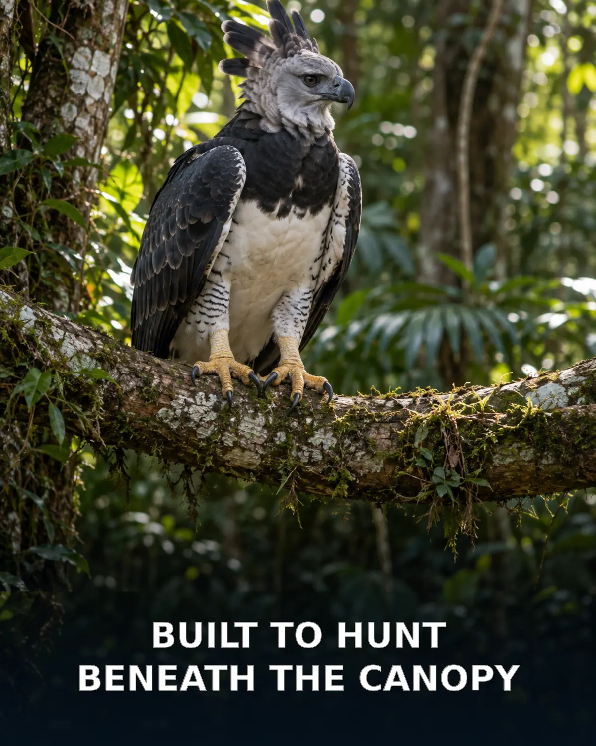 Adult harpy eagle perched on a branch in a Neotropical rainforest