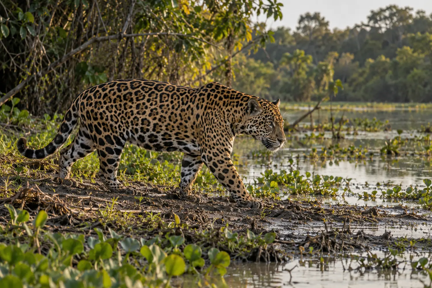 Jaguar walking beside a Pantanal wetland