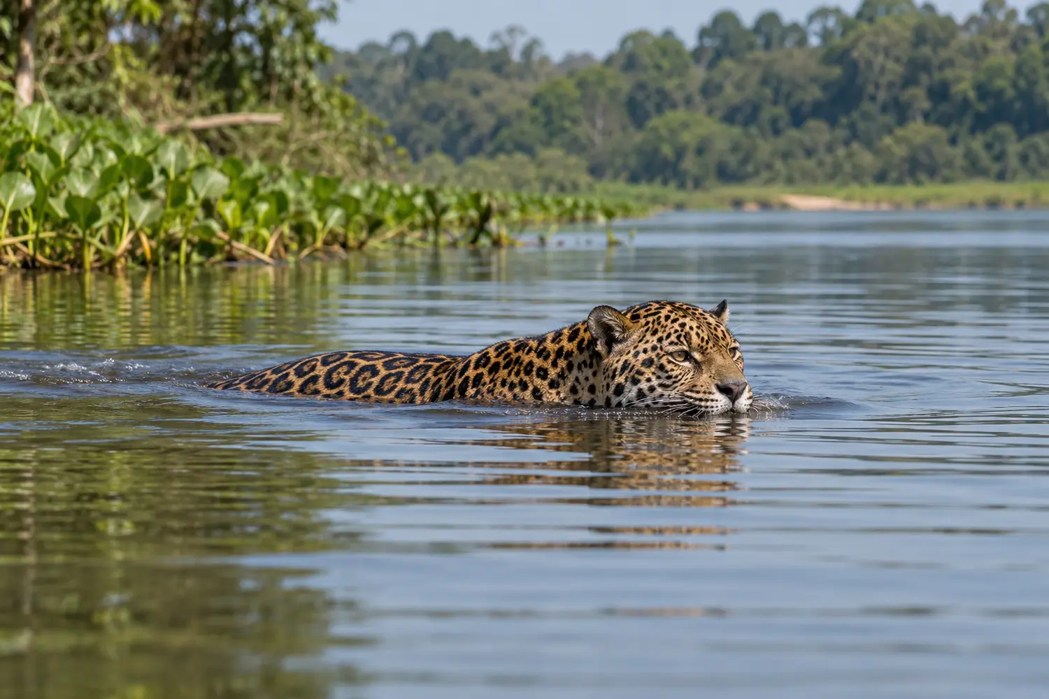 Jaguar swimming across a Pantanal river