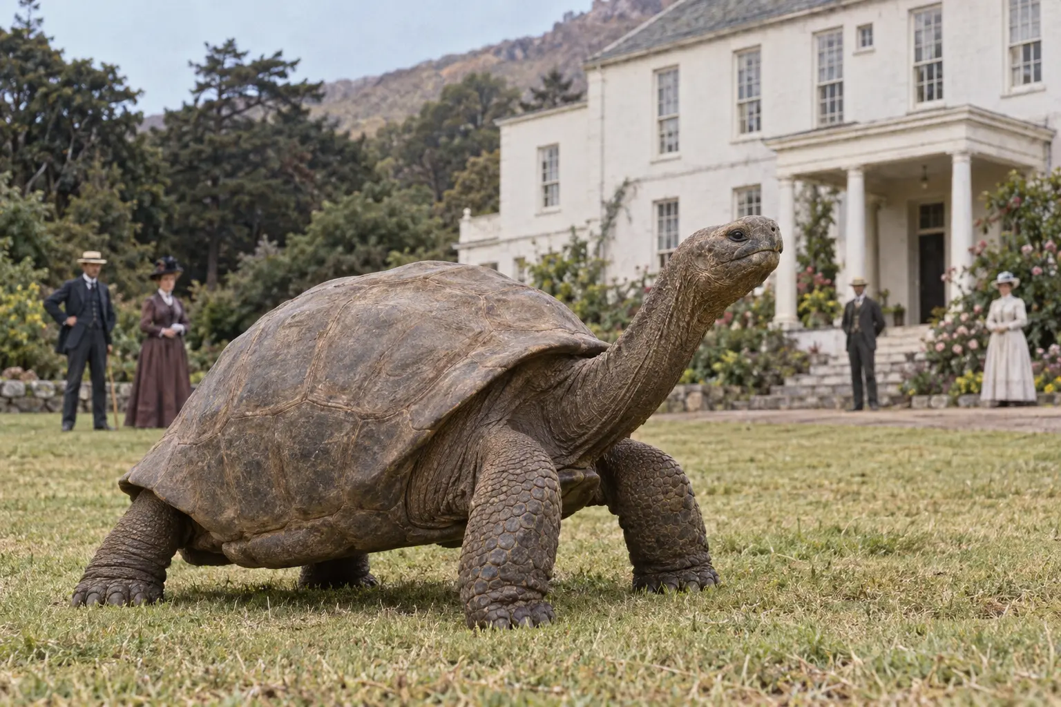 Historical reconstruction of a fully grown giant tortoise on the Plantation House lawn in the 1880s
