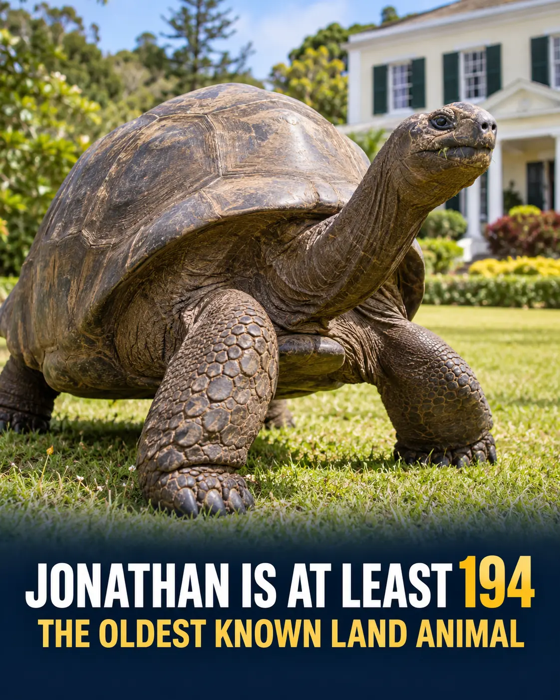 Elderly Seychelles giant tortoise Jonathan walking on the lawn at Plantation House