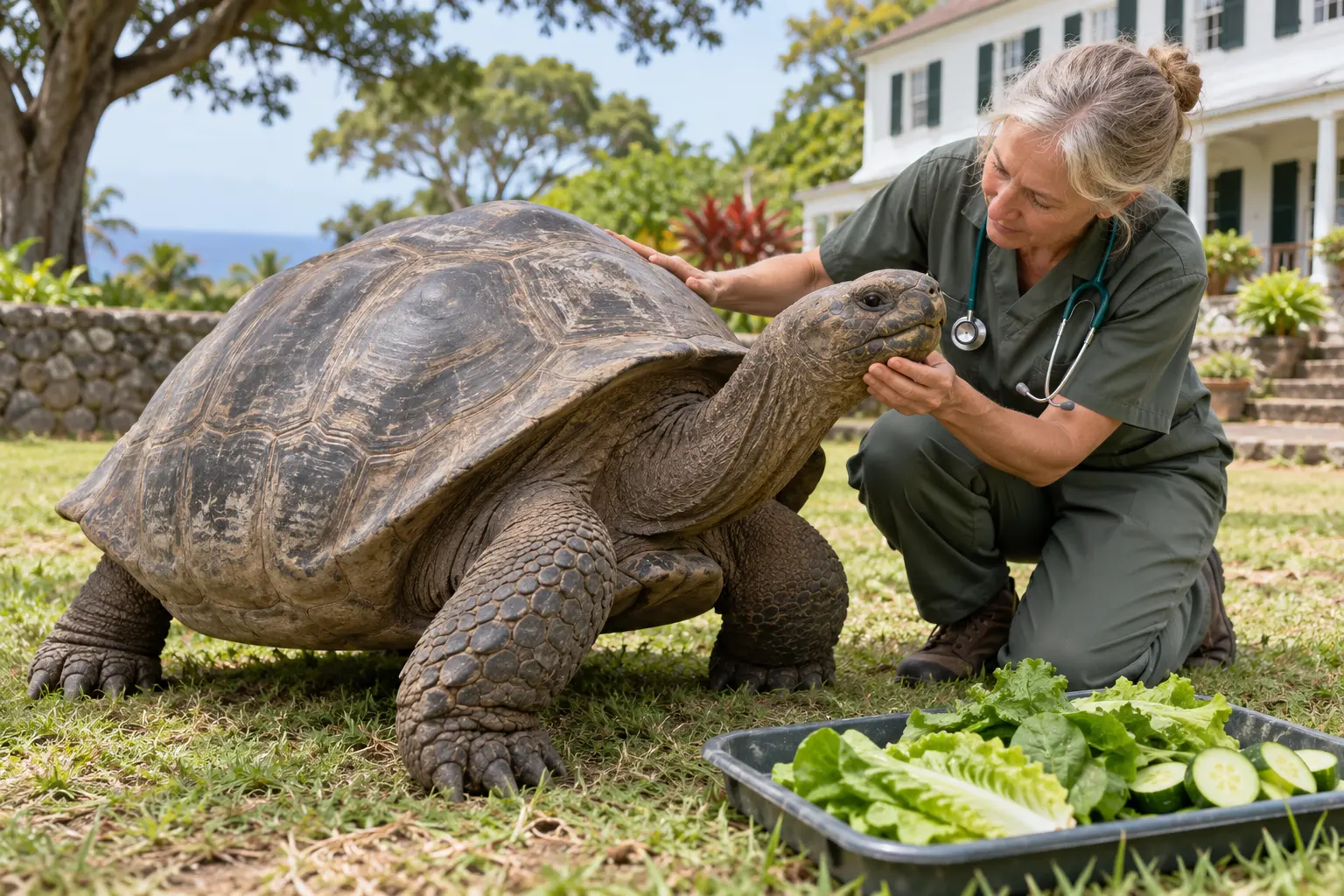 Veterinarian gently examining an elderly giant tortoise beside a tray of leafy food